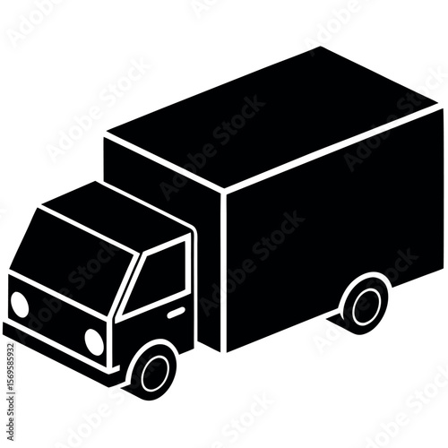 Simple black and white isometric illustration of a delivery truck