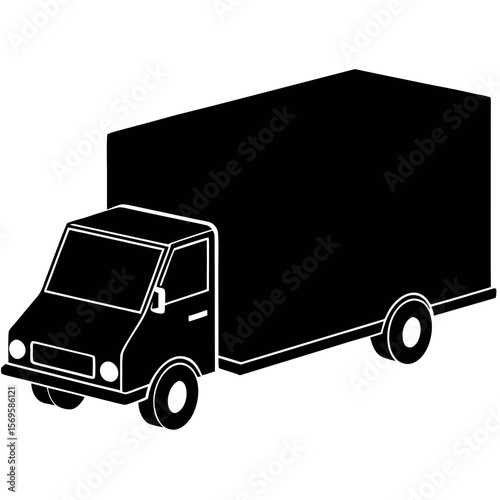 Simple black and white isometric illustration of a delivery truck