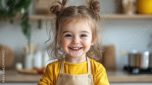 Portrait of a young girl, probably around 2-3 years old, standing in a kitchen. she is wearing a yellow t-shirt and a beige apron. her hair is styled in two messy bunches on top of her head.