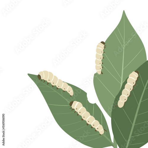 Silkworms feeding on green leaves in minimalistic style  