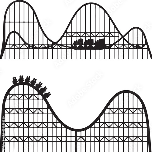 Two Black Silhouette Roller Coasters One Showing Passengers Riding the Track Detailed Steel Structure Design Amusement Park Ride Illustration