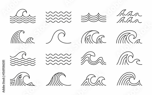 A 4x4 grid of minimalist black wave patterns, each uniquely curved, evenly spaced, and precisely aligned on white background
