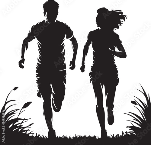Athletic male and female running silhouette with grass people