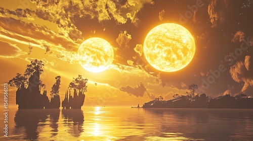 Breathtaking twin-sun sunset illuminating alien ocean and floating islands in a surreal world