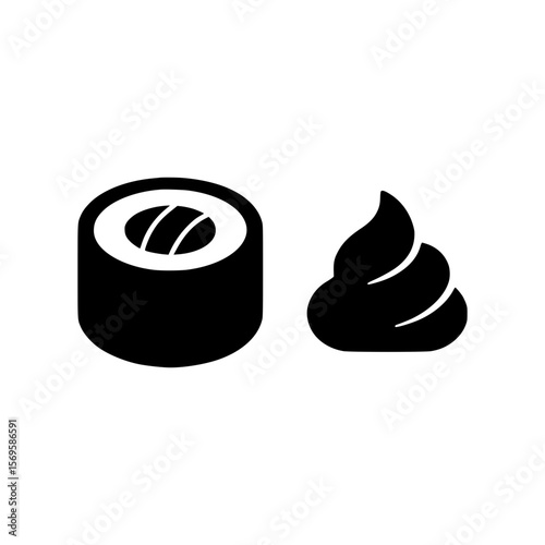 Simple black and white icon of a sushi roll and a dollop of wasabi