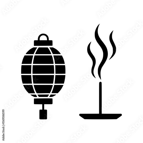 Black silhouette of a traditional chinese lantern and an incense stick with smoke