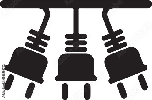 Black electrical plugs hanging from a bar power cords electricity