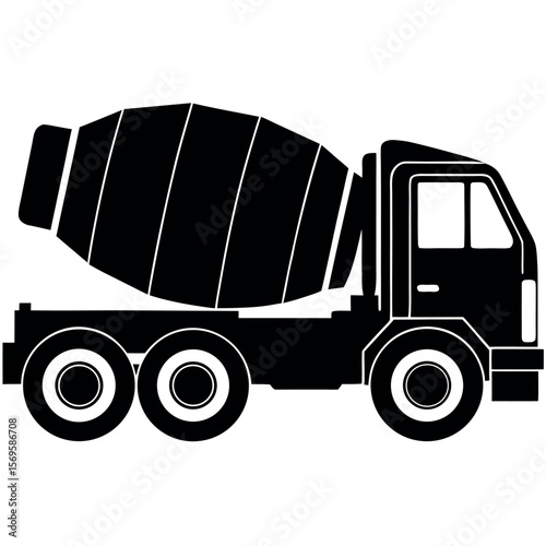 Black and white silhouette of a concrete mixer truck on a white background.
