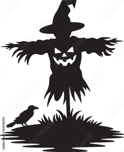 Black silhouette of a spooky scarecrow with a jack o lantern face and a crow Halloween