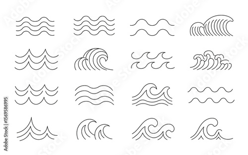 A 4x4 grid of minimalist black wave patterns, each uniquely curved, evenly spaced, and precisely aligned on white background