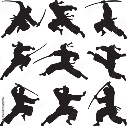 Black silhouette of martial artists in dynamic poses with swords martial arts ninja