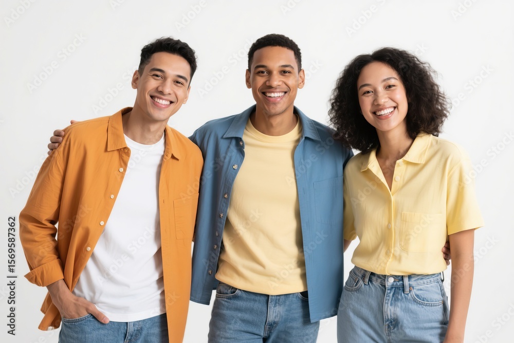 Fototapeta premium Three smiling young adults stand close together, arms around each other, showcasing friendship and unity.