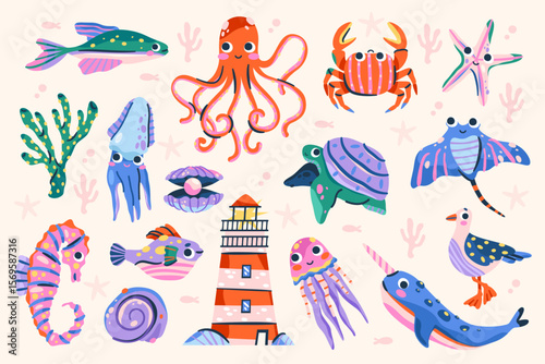 Set of sea flora or ocean fauna icon. Vector nautical and aquatic, underwater creature. Aquarium fish and octopus, lighthouse and squid, swordfish and stingray, starfish, seahorse, gull, crab. Zoology