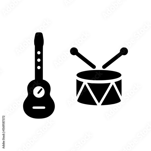 Black silhouette icons of a ukulele and a drum with drumsticks on a white background