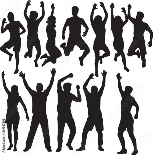 Diverse group of people jumping with arms raised in celebration silhouette