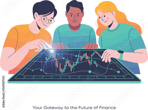 Three people analyzing a financial chart with novatrade logo and gateway to future of finance text