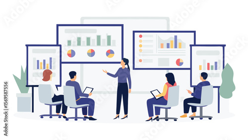 Illustration of a business presentation with charts and graphs and people attending the meeting session