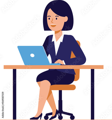 A smiling professional businesswoman is working on her laptop in a modern office, a picture of dedication and technology