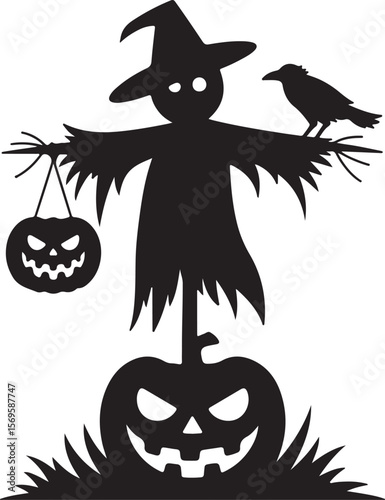 Halloween scarecrow with crow and pumpkins jack o lantern