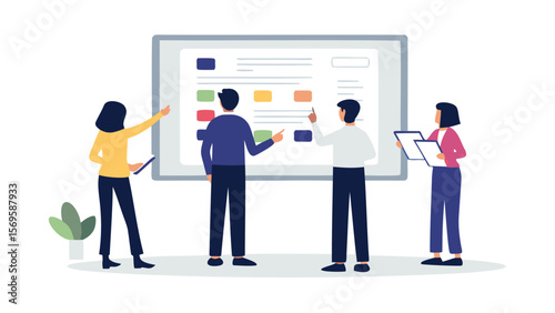 Team members collaborate on a project plan displayed on a whiteboard in a meeting room setting shown here