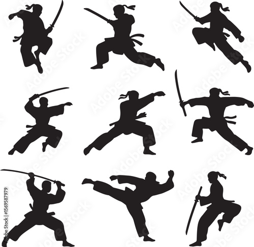 Martial artists wielding swords in dynamic poses martial arts samurai