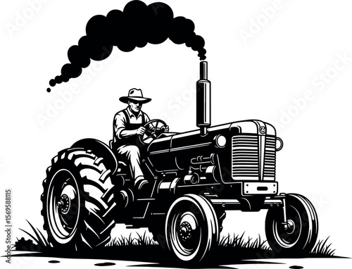 Vintage Farmer Driving an Old Tractor, Black and White Vector Illustration.