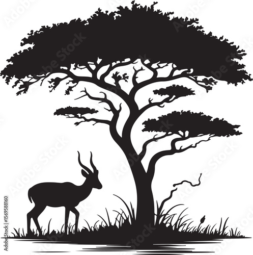 Silhouette of a gazelle standing near a large acacia tree in a grassy field savanna
