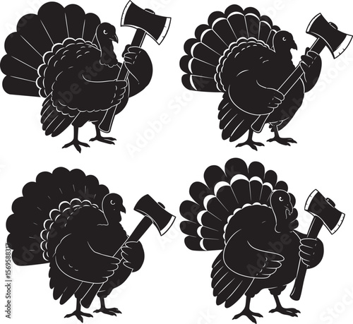 Cartoon Turkey Holding Axe Funny Bird silhouette