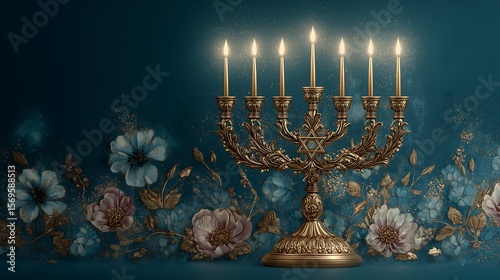 Golden Menorah with Star of David and Floral Accents on Sky Blue Background - Artistic Judaica Design