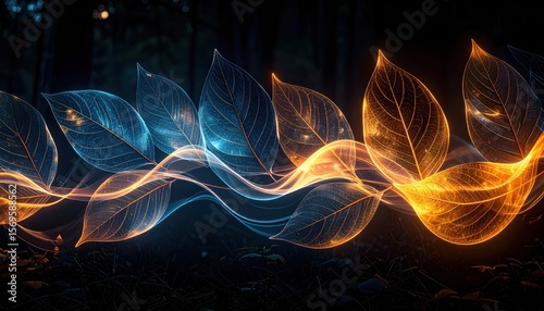 Vibrant glowing leaves in a mystical forest setting with ethereal light trails and shadows