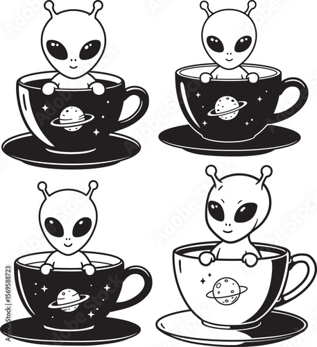 Alien Inside Coffee Cup Space Cartoon silhouette