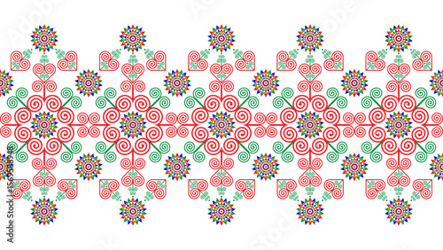 Photos Hmong ethnic pattern, a pattern combining spiral and triangle patterns that resemble mountains, mixed with red and green