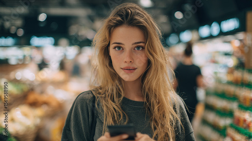 Wallpaper Mural Grocery Shopping: A captivating woman is shopping in a grocery store, captured at eye level Torontodigital.ca