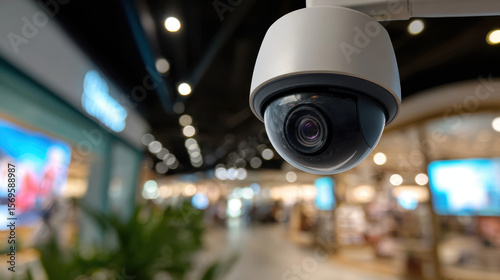 High definition security camera mounted ceiling, capturing retail environment with blurred background. camera ensures safety