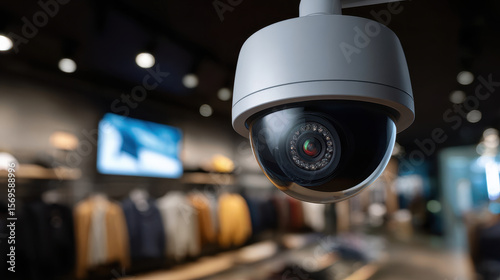 Surveillance camera retail store, capturing security footage with modern design and clear lens, ensuring safety and monitoring