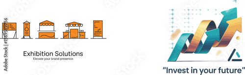 Illustration of exhibition solutions with orange and black line art on a light background color