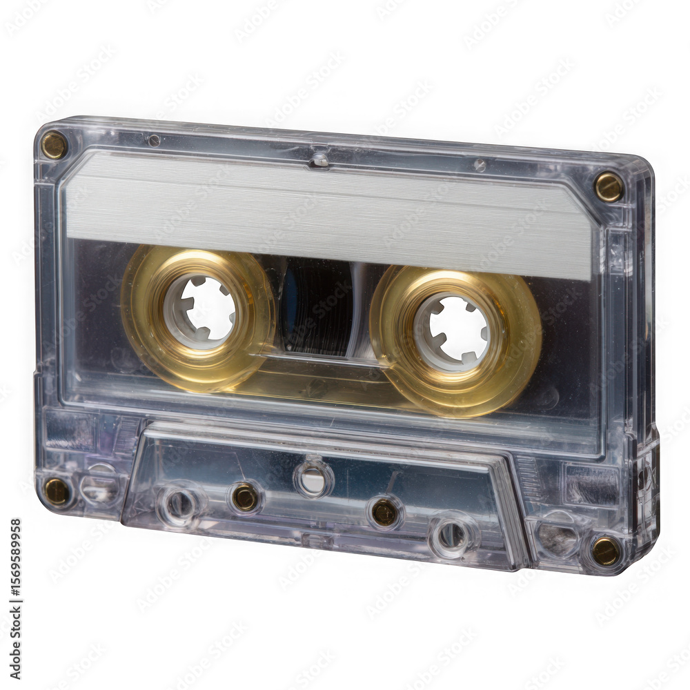Obraz premium Clear audio cassette tape with gold reels isolated on transparent background