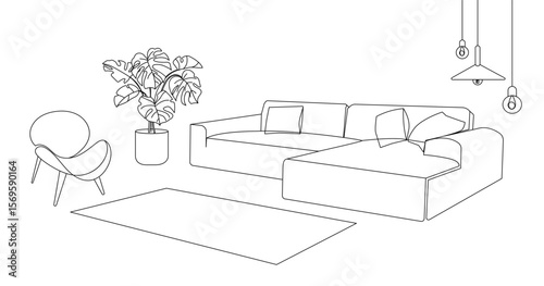 Minimalist Living Room Line Art with Sofa and Plants. Minimalist line art of a modern living room with sectional sofa, armchair, potted plant, pendant lights, and area rug. Vector illustration