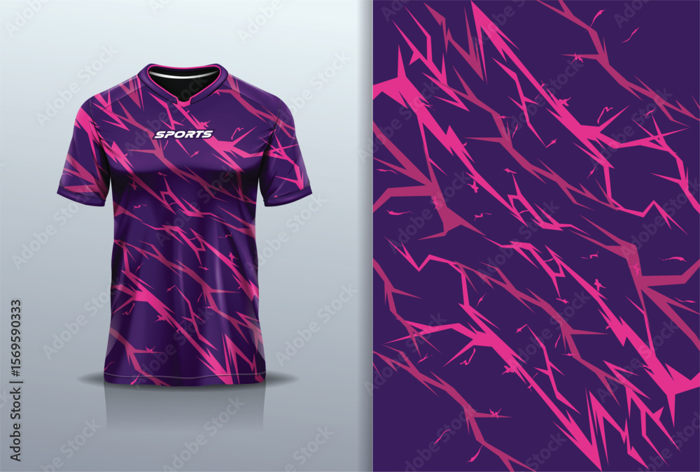 Sport jersey template mockup lightning thunderbolt texture grunge rustic abstract vector design for football soccer, racing, running, e sports, purple pink color