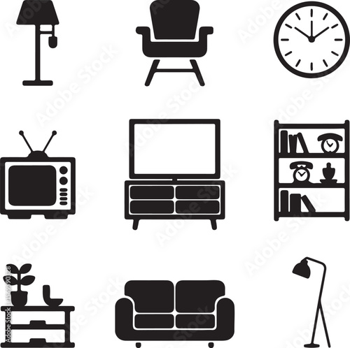 Black silhouette icons of home furnishings and decor furniture interior