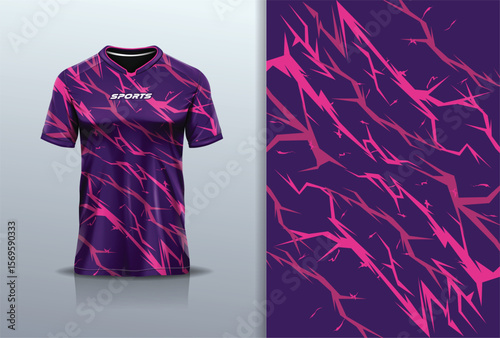 Sport jersey template mockup lightning thunderbolt texture grunge rustic abstract vector design for football soccer, racing, running, e sports, purple pink color