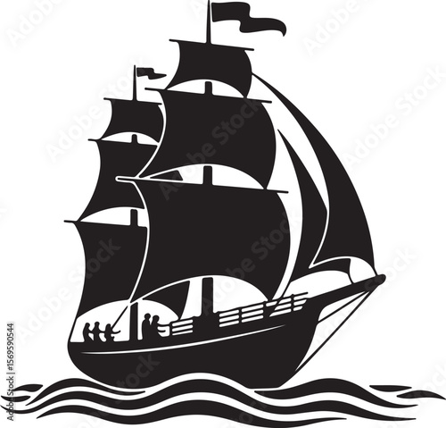 Black silhouette of a tall ship sailing on wavy water boat nautical