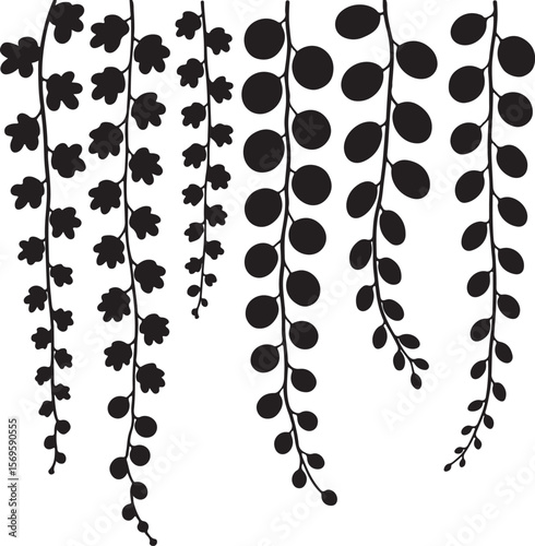 Black silhouette of hanging plants with rounded and lobed leaves botanical decorative