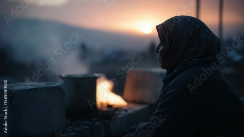 A woman sits in silhouette beside a cooking fire as the sun sets behind her, illuminating the sky with warm colors.