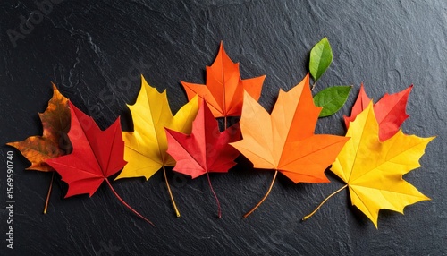 Colorful autumn leaves arranged artistically on a dark slate background, showcasing seasonal beauty