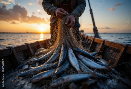 Manos de un pescador desenredando una red llena de pescado recién capturado en un barco de madera al atardecer