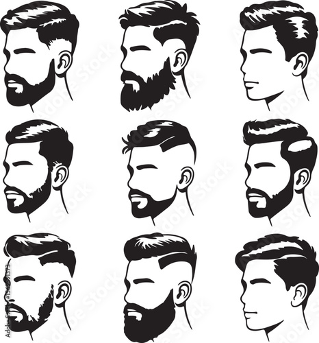 Male hairstyles and beard styles silhouette collection face profile