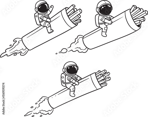 Astronaut Riding French Fries Rocket Cartoon silhouette