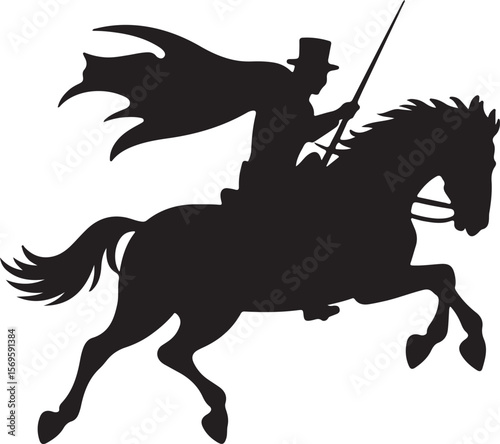 Man in hat and cape riding horse with spear silhouette