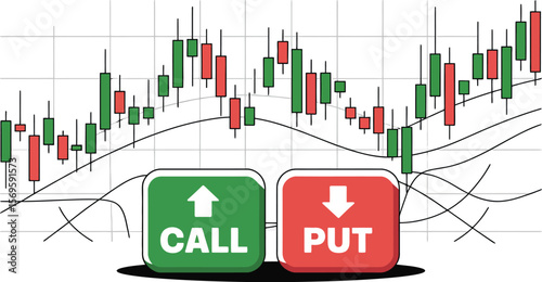 Candlestick chart with call and put buttons representing stock market trading options and analysis